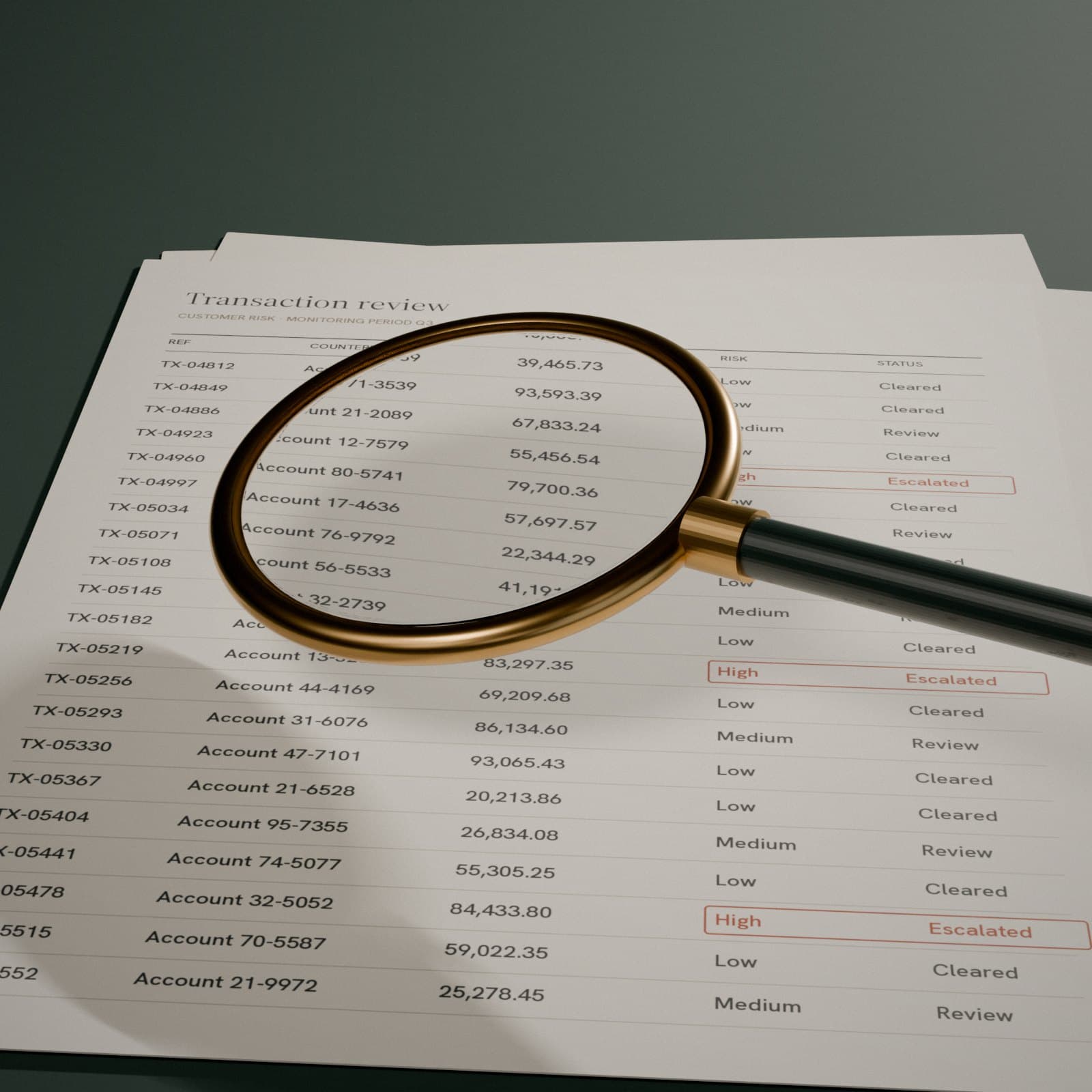 A brass magnifying glass over a transaction review ledger with escalated entries marked.