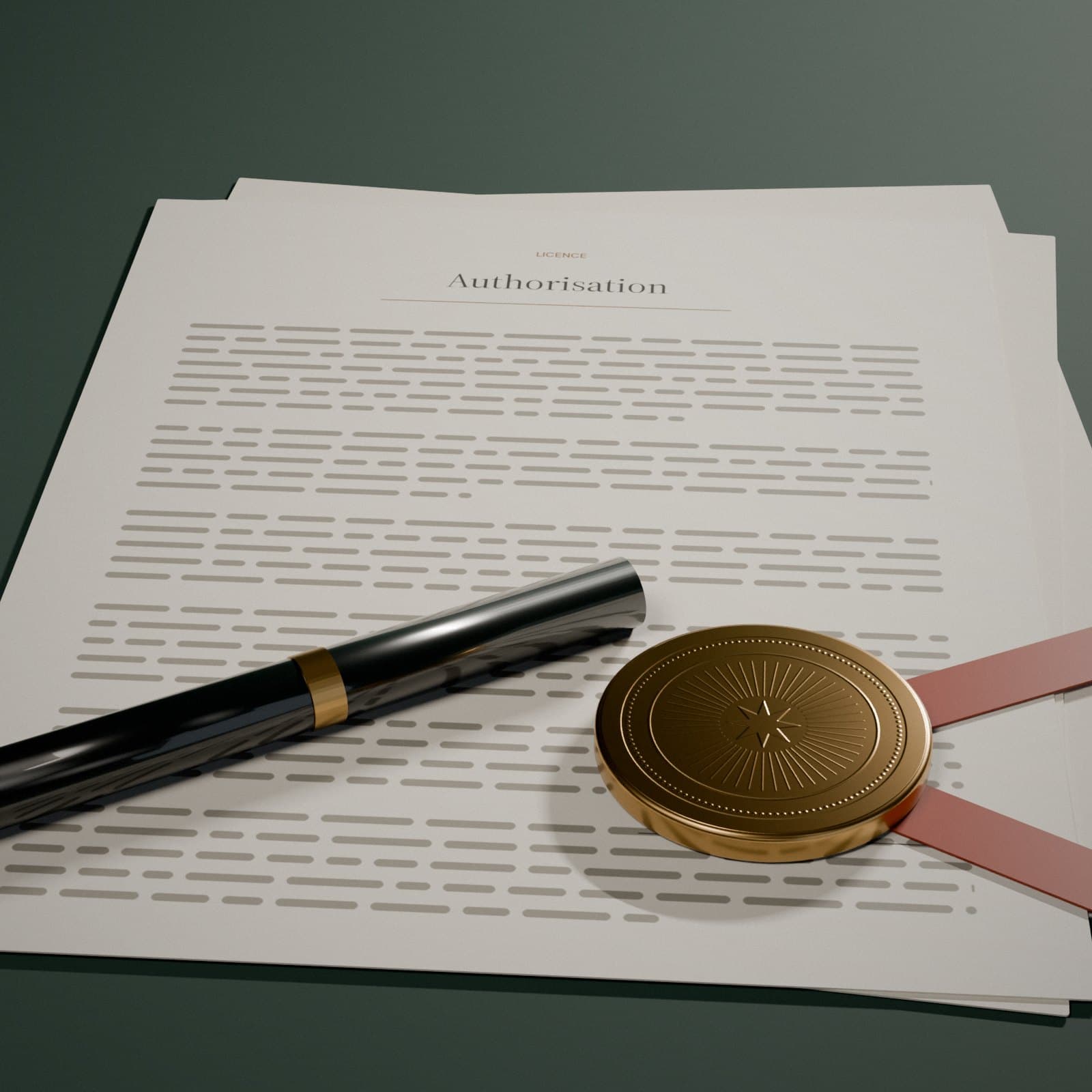 An authorisation document with a brass seal, ribbon and fountain pen.